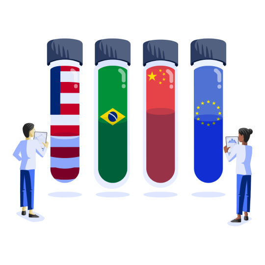 Clinicians standing in front of liquid filled vials with labels representing various country flags.