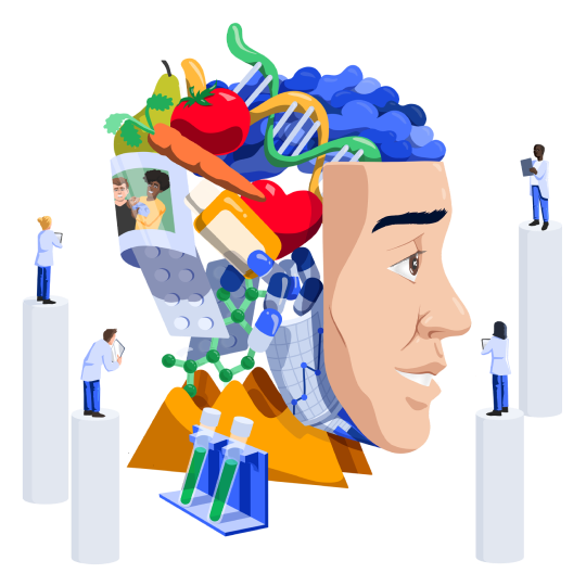 Clinicians diagnosing a patient represented as a head-shaped composite collage of fruits, drugs etc.