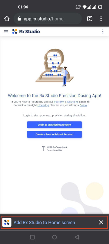 Install Rx Studio app on mobile from footer