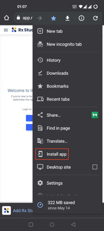 Install Rx Studio app on mobile from menu